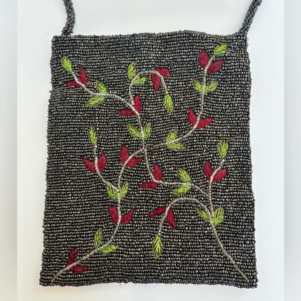 Vintage A Brod Floral Beaded Embroidered Small Shoulder Bag Purse Brown/Black